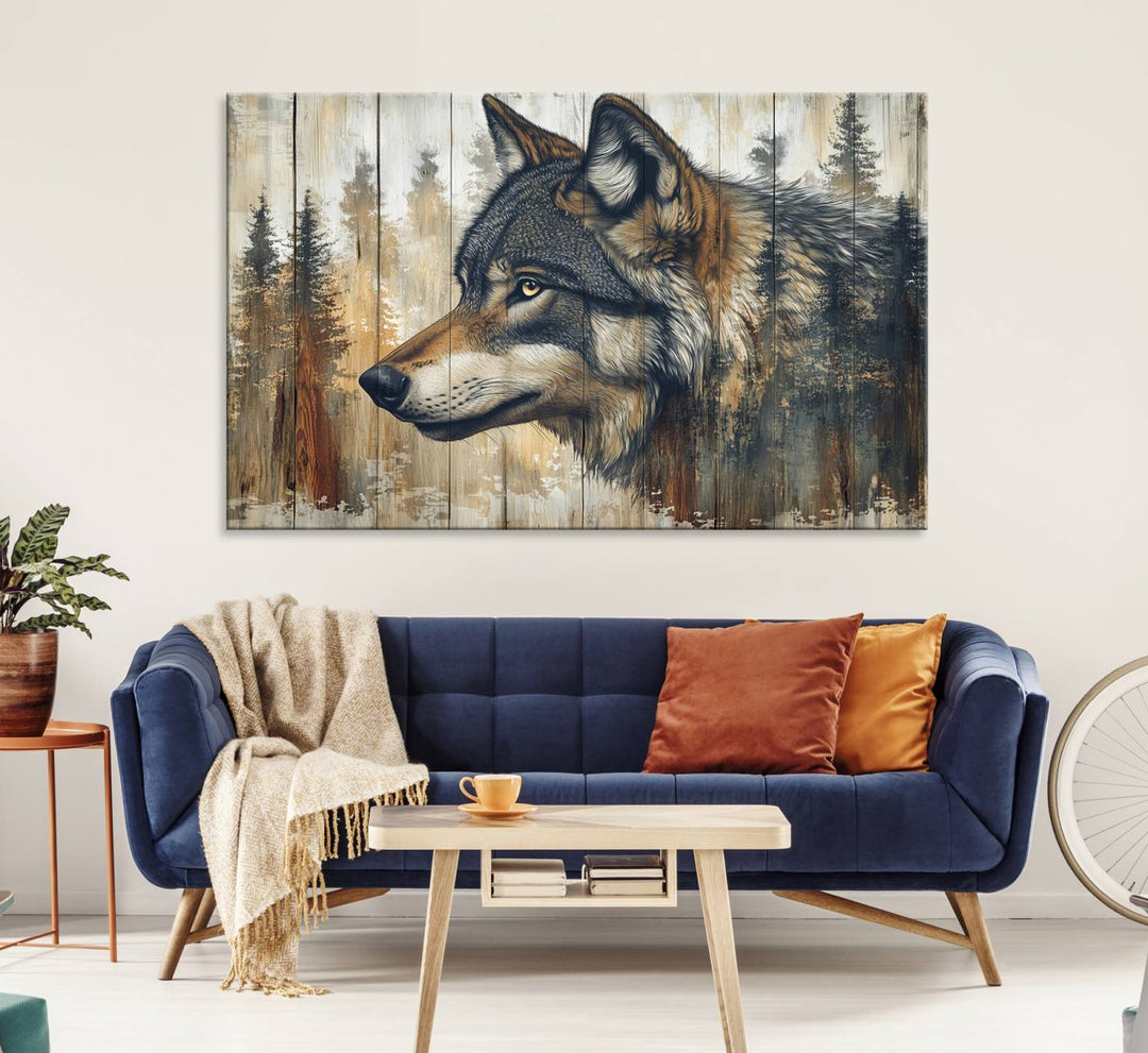 A Rustic Wolf Wall Art Canvas Print in earthy tones adorns the wall above the countertop.