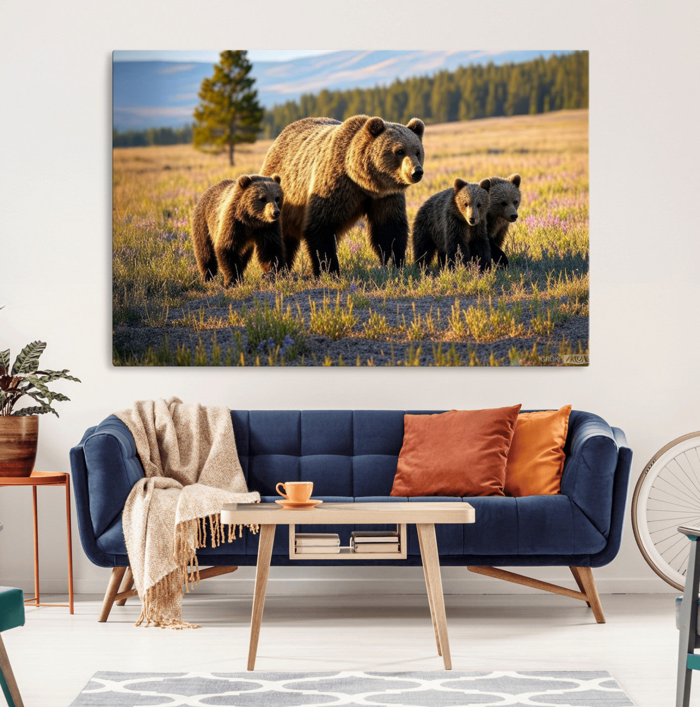 MGV-CV-36X24 - Grizzly 399 in Wild Flowers Wall Art Canvas Print, Grizzly Bears Wall Art, Queen of Grand Teton