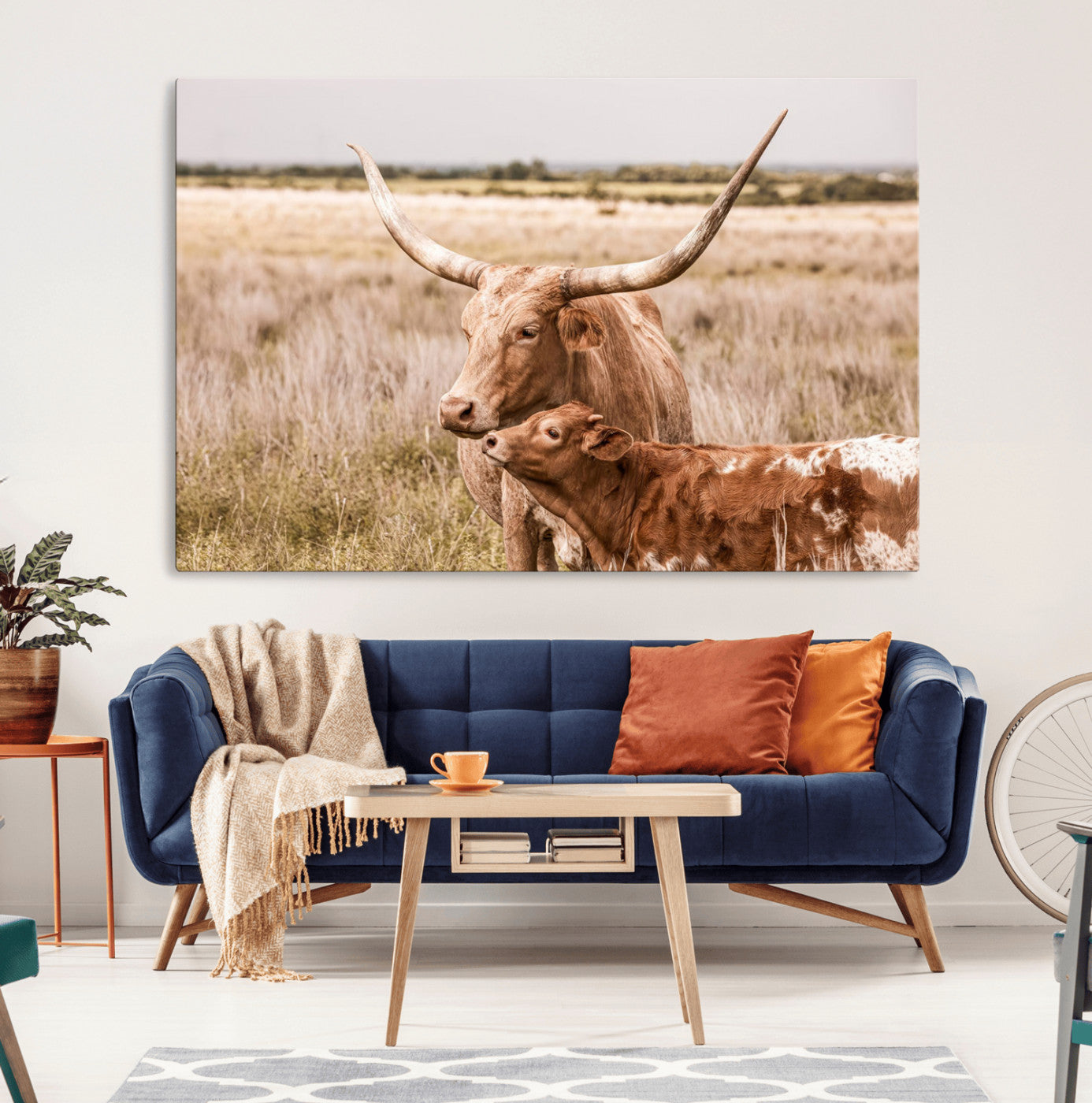 MGV-CV-36X24 - Texas Longhorn Cow Wall Art Canvas Print for Farmhouse Wall Art, Texas Decor, Western Wall Art Print