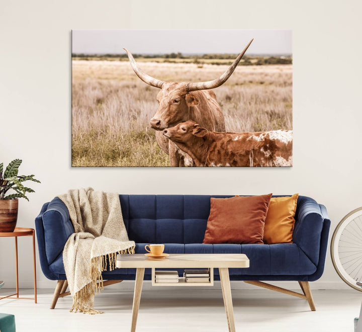 Dining area featuring a Texas Longhorn Cow Wall Art Canvas Print.