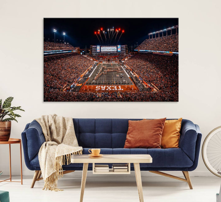 A Texas Memorial Stadium canvas print with fireworks embellishes the modern living room.