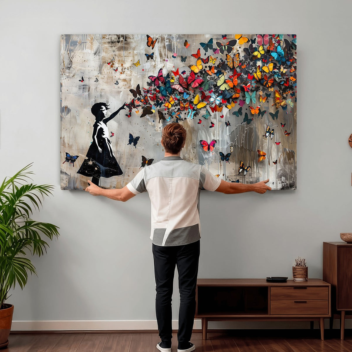 51446D-MGV-CV-24X16 - Banksy Butterfly Girl Wall Art | Modern Graffiti Canvas Print, Street Art Decor