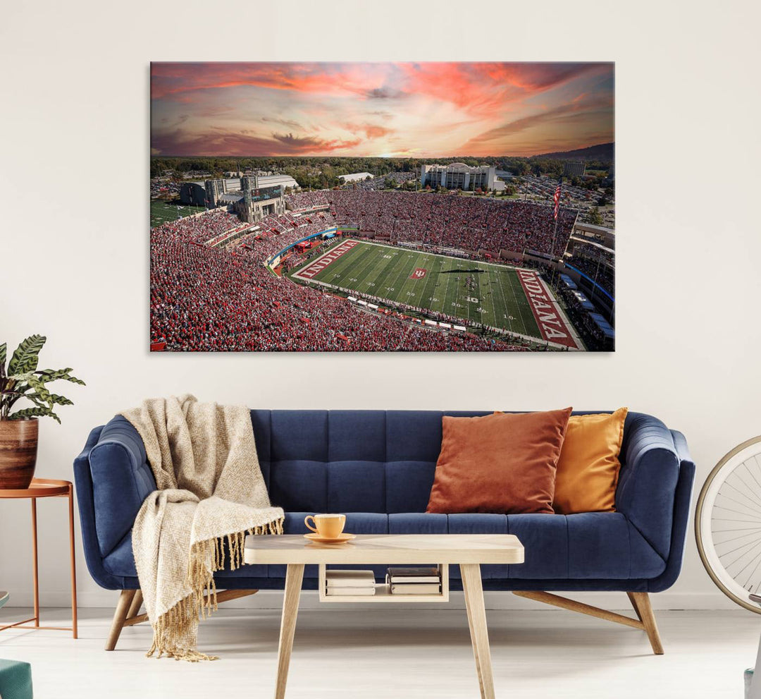 Gallery-quality Indiana Memorial Stadium Wall Art Canvas: A stunning view of the stadium at sunset.