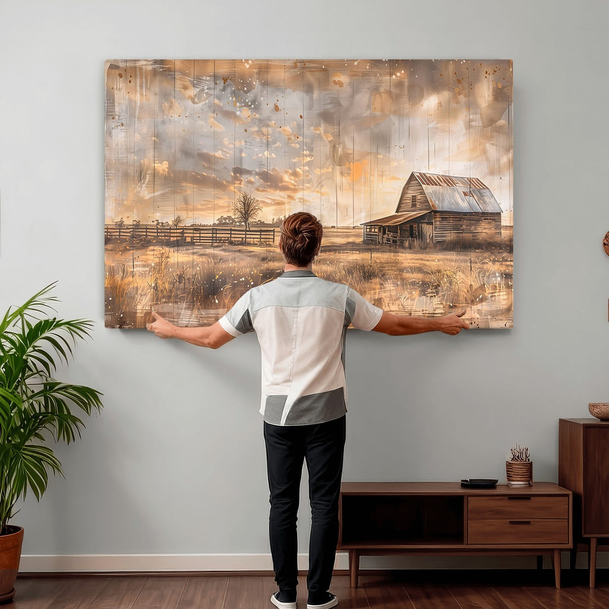 FARM2-MGV-CV-24X16 - Rustic Farmhouse Wall Art Canvas Print | Barn and Field Vintage Country Landscape