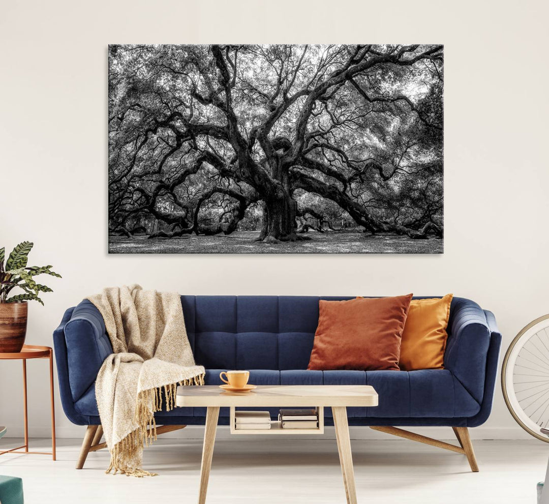 The Black and White Old Angel Oak Tree Canvas Print enhances the modern dining room.