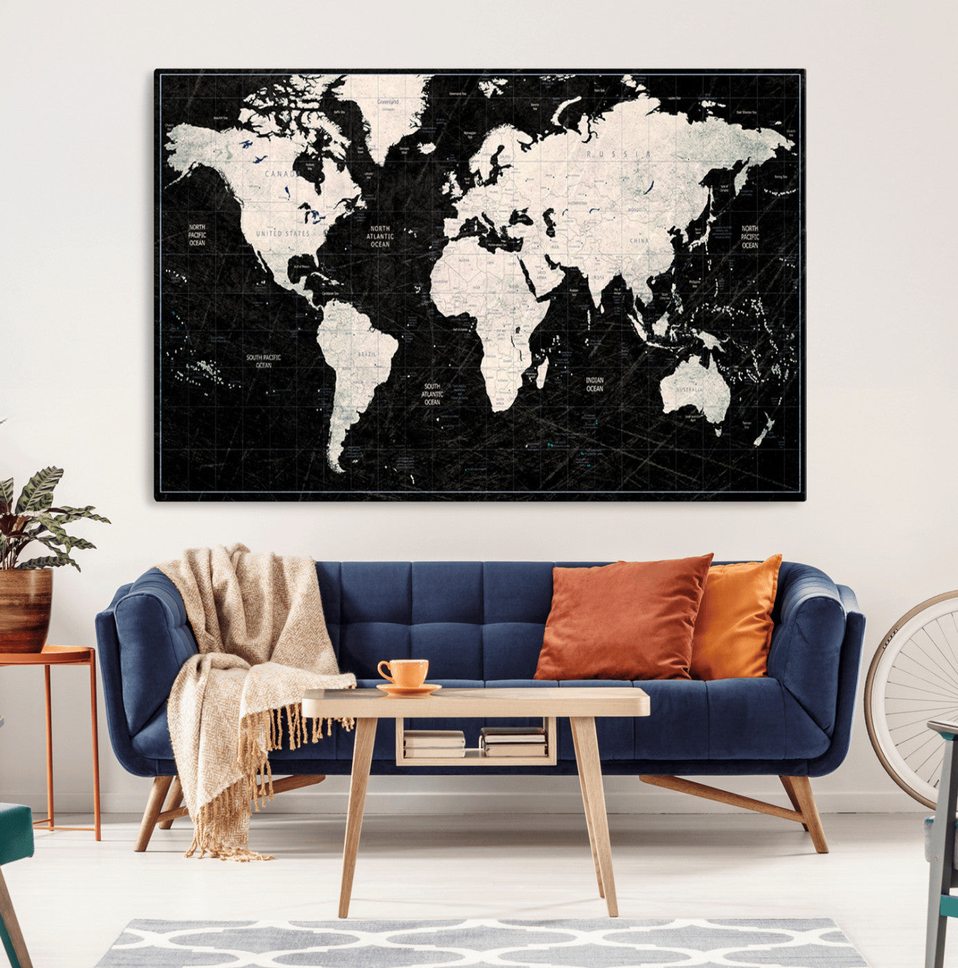 N50Black-MGV-CV-36X24-Push Pin World Map Canvas Print – Framed Travel Tracker Wall Art for Couples, Anniversary Gift and Elegant Home Decor