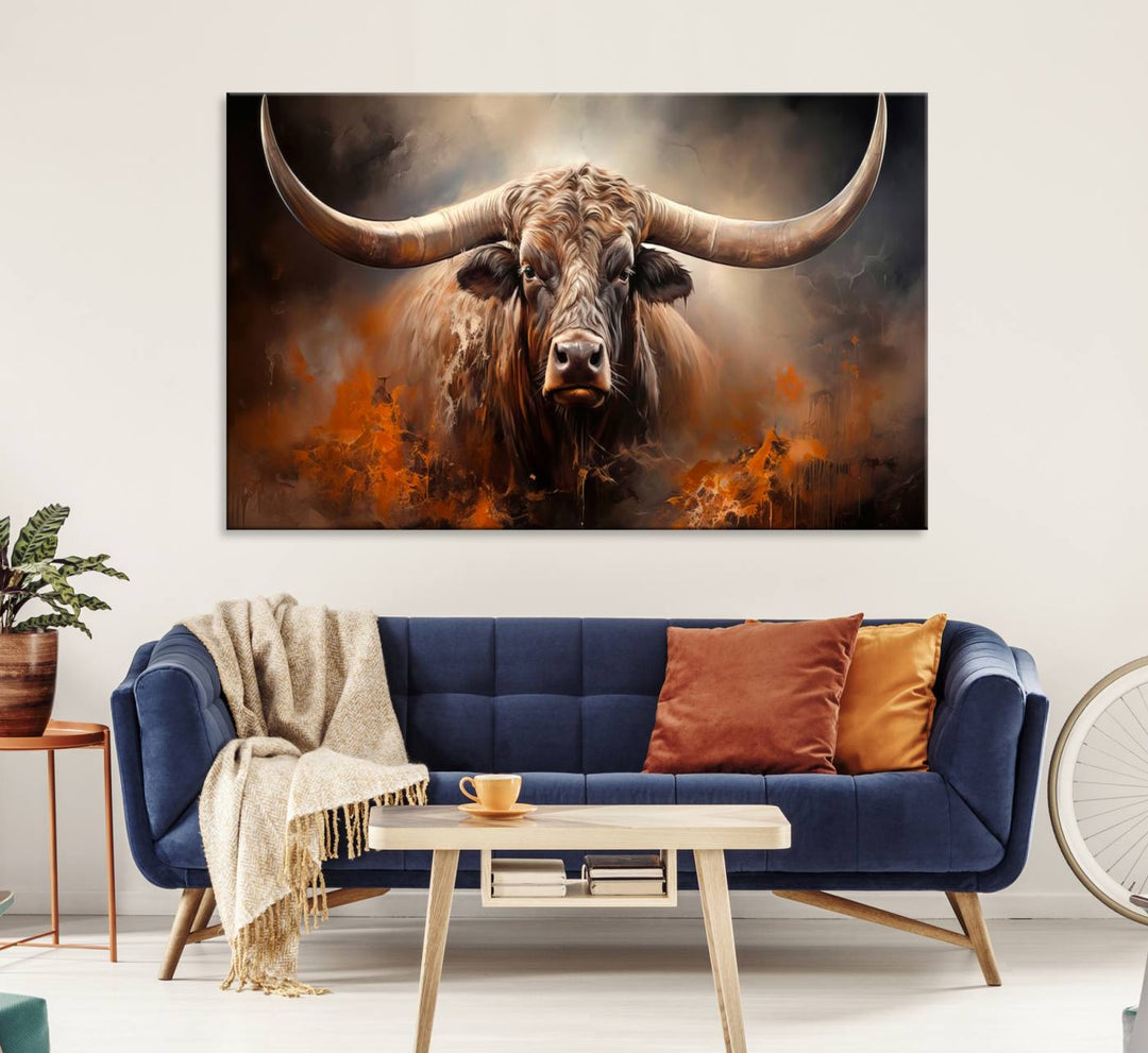 A Highland Bull with striking horns is depicted in a fiery abstract style on a ready-to-hang wall art canvas, evoking strength.