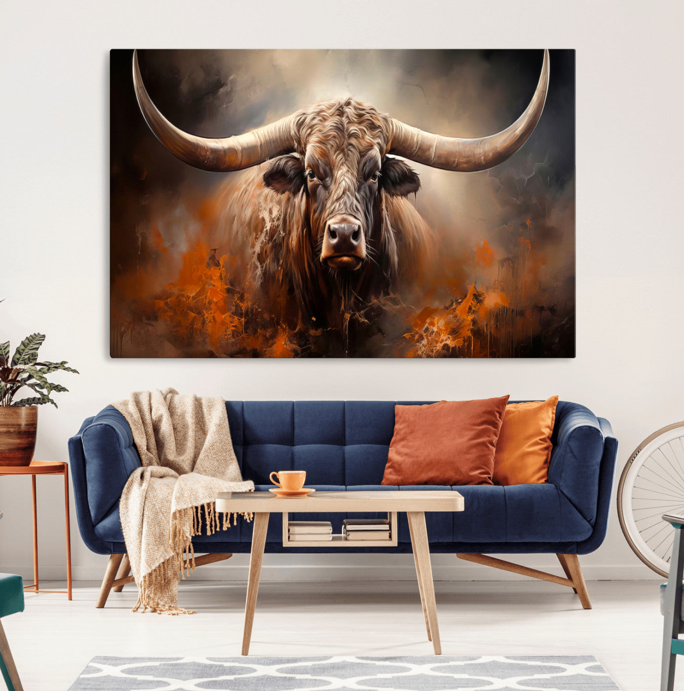 MGV-CV-36X24 - Highland Bull Canvas Abstract Canvas Wall Art Print – Powerful Highland Bull with Striking Horns in