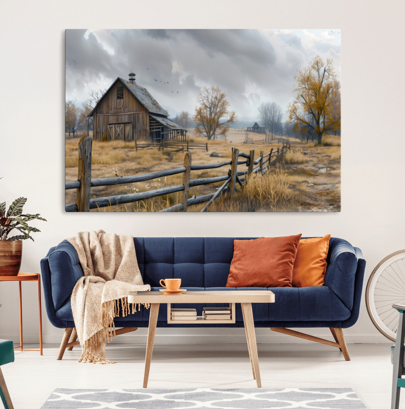 MGV-CV-36X24 - Rustic Autumn Farmhouse Wall Art Canvas Print – Serene Countryside Scene with Weathered Barn and