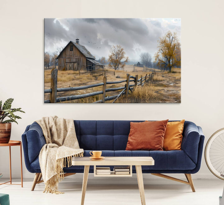 Rustic Autumn Farmhouse Wall Art – Weathered Barn & Trees Canvas Print, featuring a serene scene with birds in the sky. This piece is ready to hang.