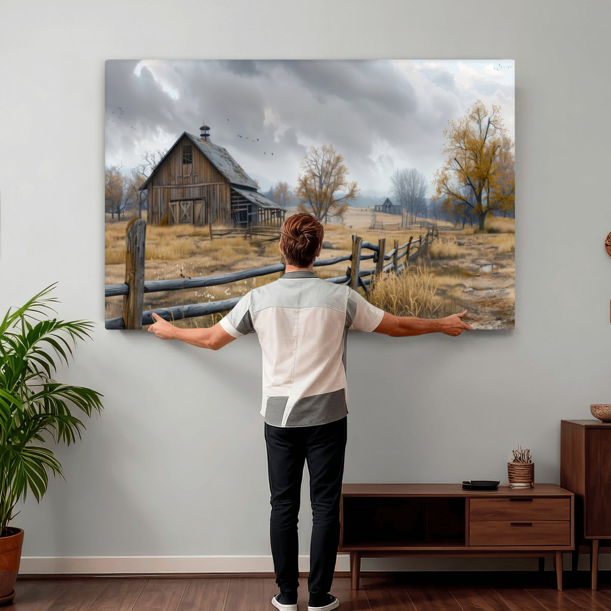 Farm1-MGV-CV-36X24 - Rustic Autumn Farmhouse Wall Art Canvas Print | Serene Countryside with Weathered Barn