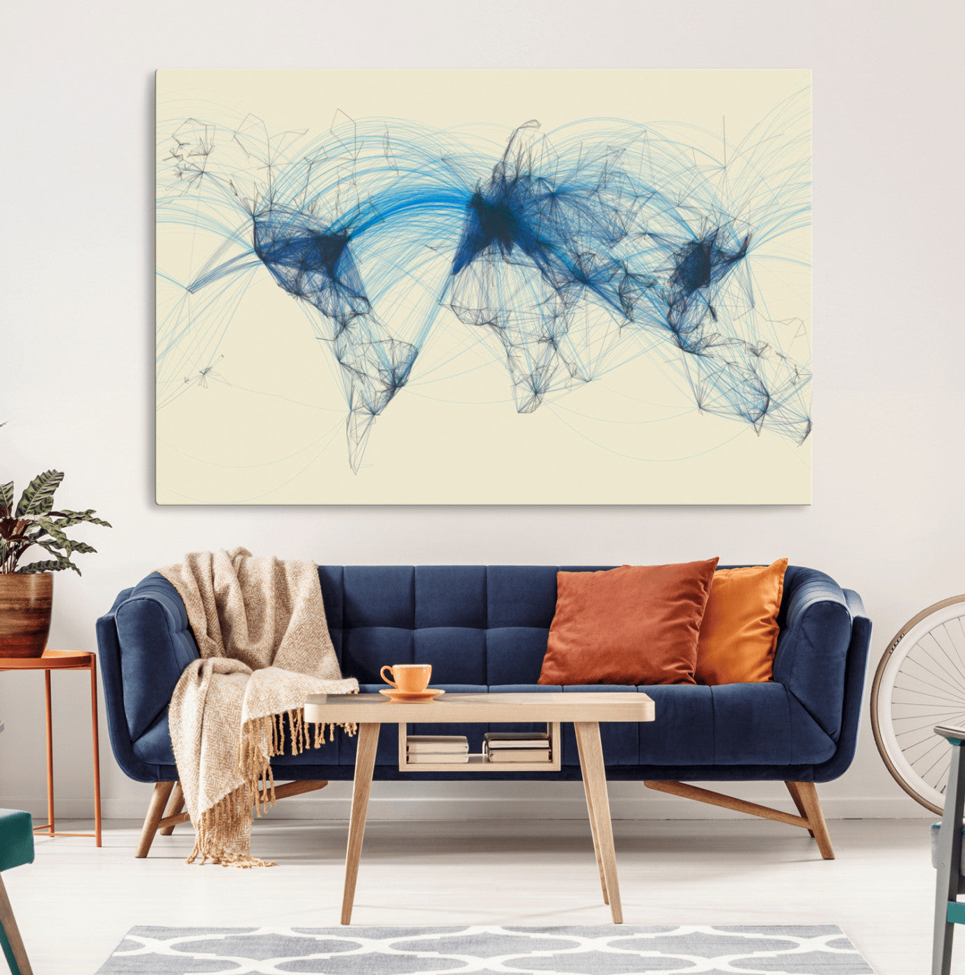 Map-Blue-Contract-MGV-CV-36X24-Flight Routes Map Art – Modern Air Traffic World Map Canvas Print with Blue Connections, Framed Wall Art for Office or Home Decor