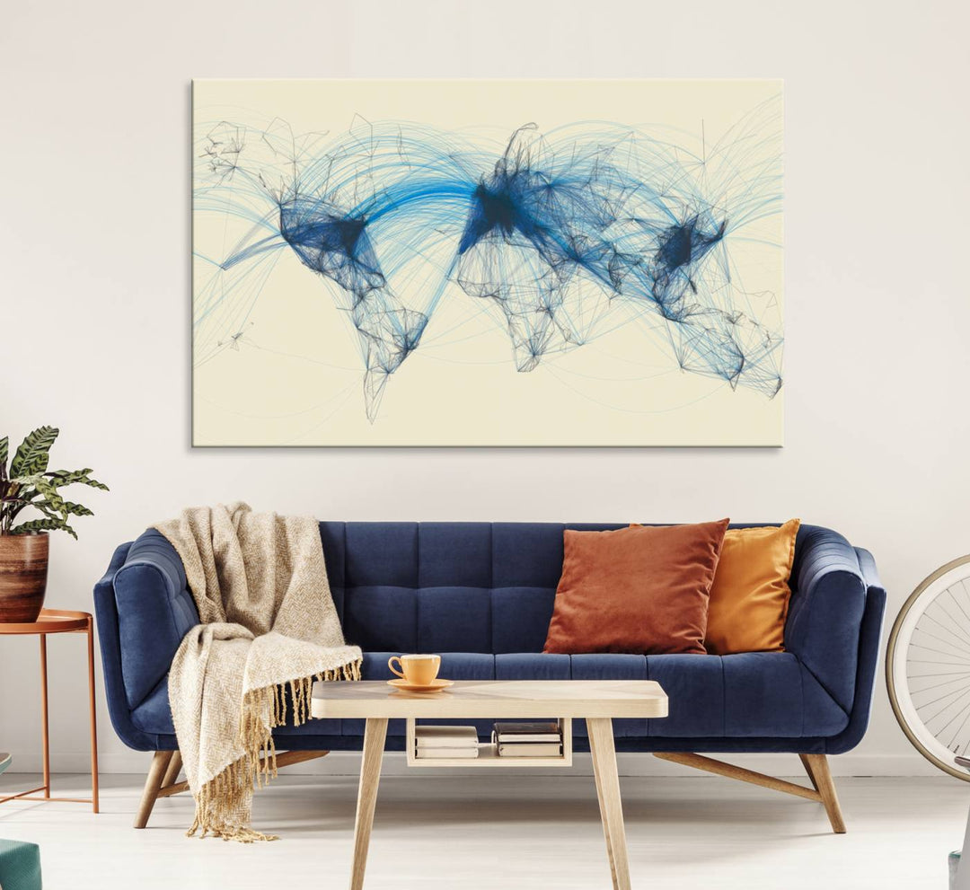 Flight Routes Map: Air Traffic Avi World Map featuring blue lines symbolizing global data. Ideal for home decor and ready to hang.