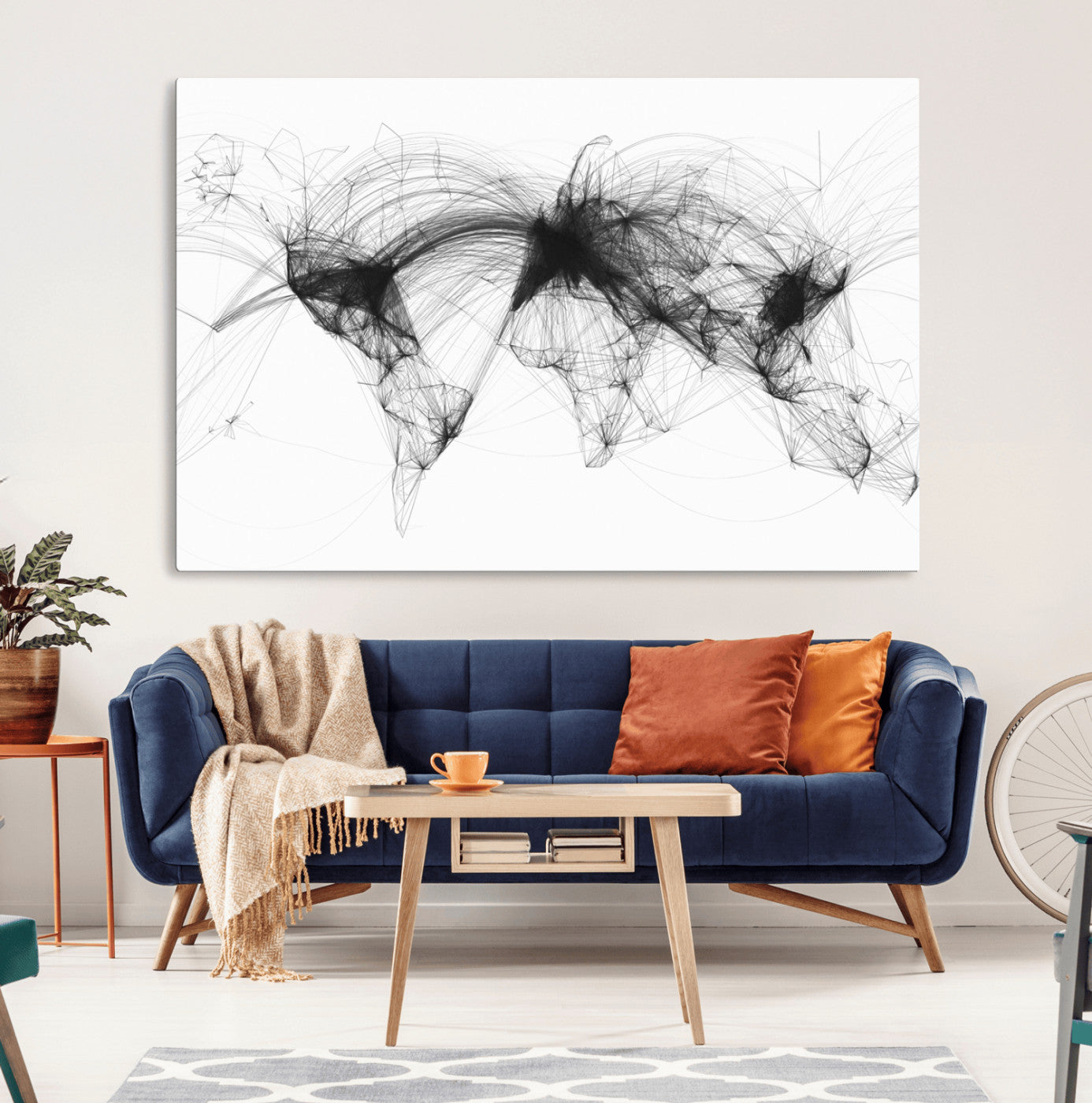 Black-Flight-Routes-MGV-CV-36X24-Flight Routes Air Traffic Map Canvas Wall Art - Framed - Ready to Hang