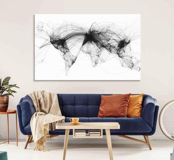 The Flight Routes Air Traffic canvas wall art, framed and ready to hang, is perfect for aviation enthusiasts.