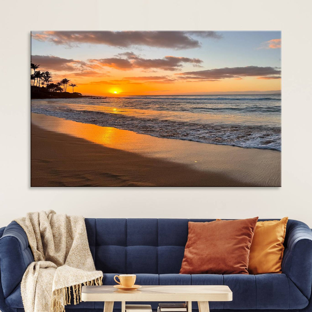 Sunset Wall Art Print featuring a beach sunset with waves and palms, perfect for coastal decor.