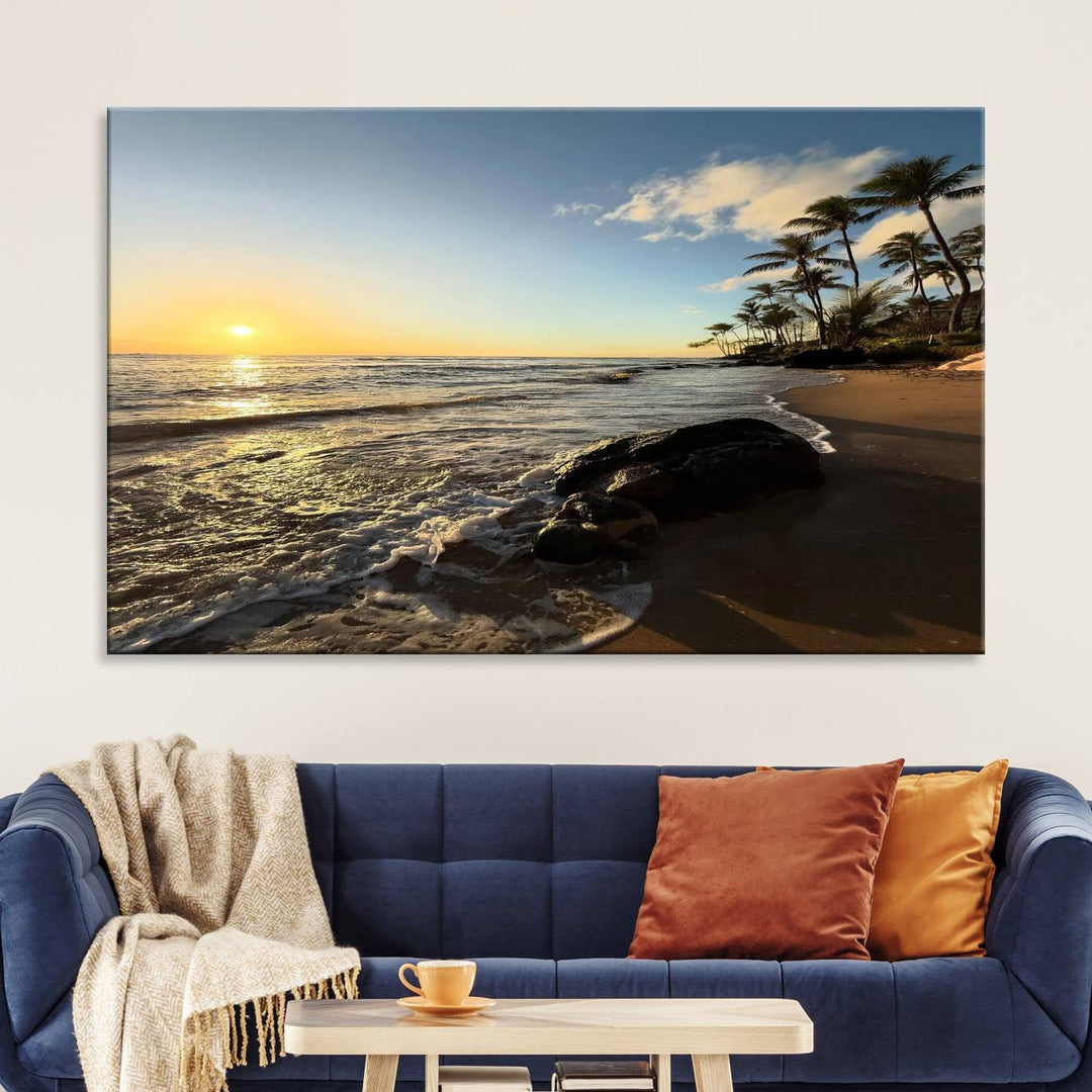 A serene tropical sunset on canvas, featuring palms and waves, serves as perfect Tropical Beach Wall Art for home or office decor.