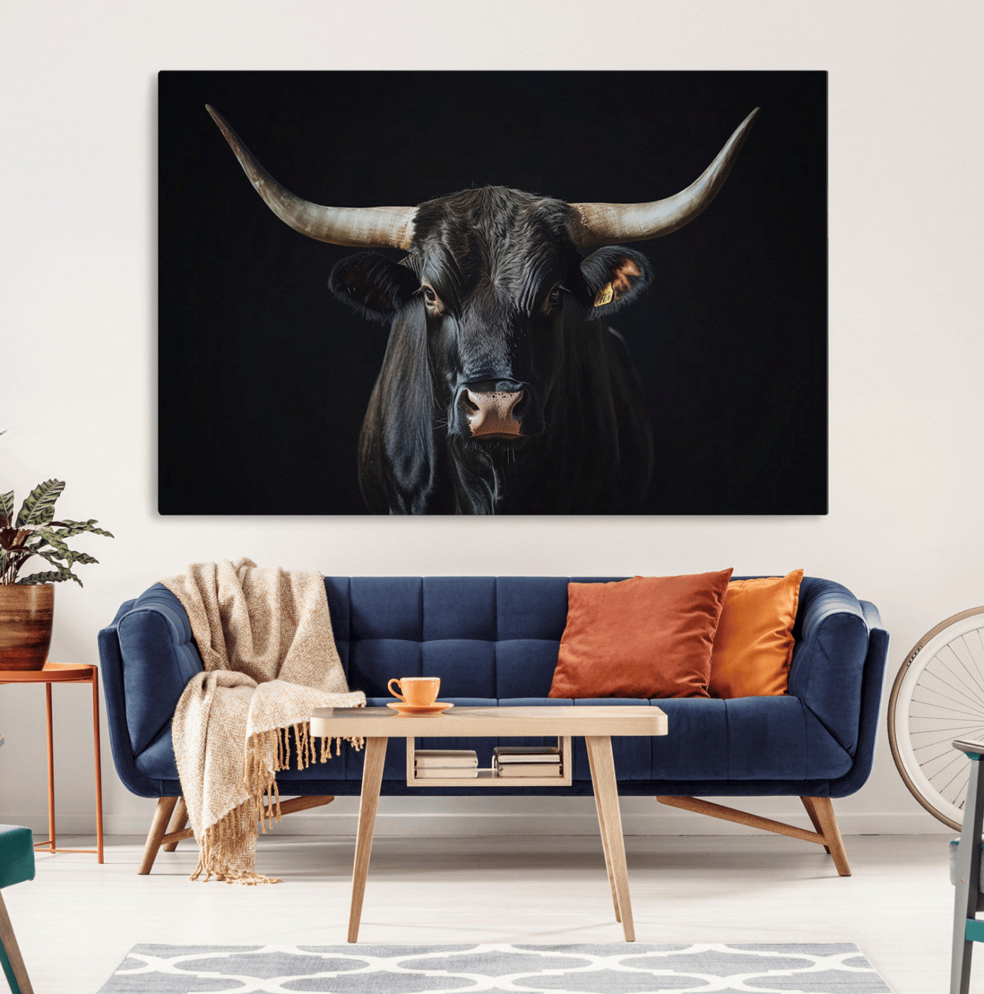 48065167-MGV-CV-36X24-Majestic Longhorn Bull Wall Art Canvas Print – Dark Background Western Ranch Portrait Artwork for Home, Office