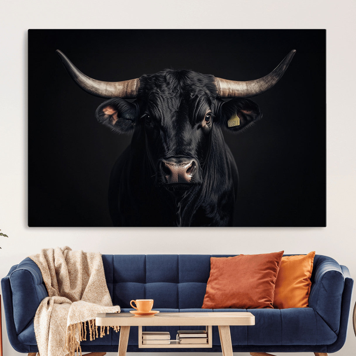 MGV-CV-36X24 - Black Bull Wall Art – Framed Horned Bull Canvas Artwork, Western Cattle Design, Rustic Ranch Style Decor for Home, Office