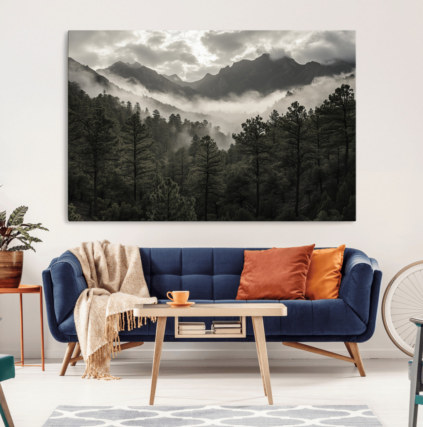 96173787-MGV-CV-36X24-Moody Forest Wall Art – Framed Mountain Fog Canvas Artwork, Misty Woodland Design, Tranquil Nature Decor for Home, Office