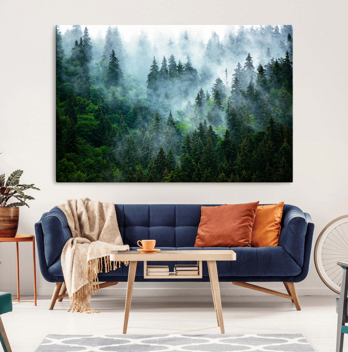 17393683-MGV-CV-36X24-Misty Forest Wall Art Canvas Print – Framed Foggy Mountain Scene with Serene Nature Artwork for Home, Office, Living Room