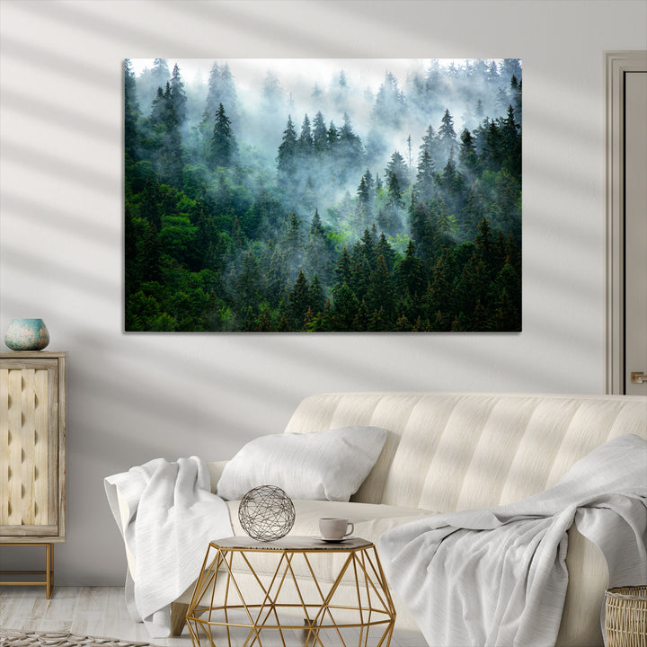 Misty Forest Art Wall Art Canvas Print, Foggy Mountain Art Print, Framed Scenic Wall Print Art Print, Large Woodland Canvas Printing Perfect