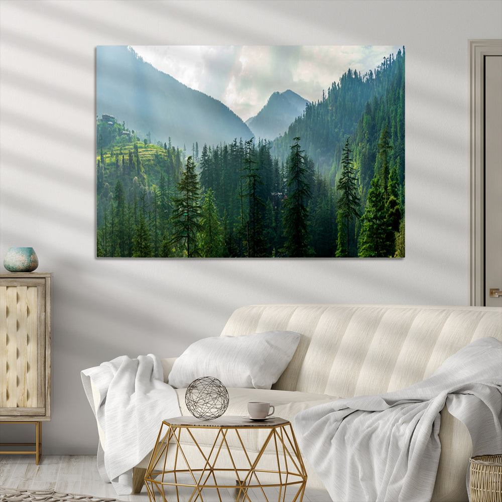 Misty Forest Mountain Landscape Canvas Print – Serene Nature Wall Art, Tranquil Valley , Large Framed Artwork Print for Rustic Lodge