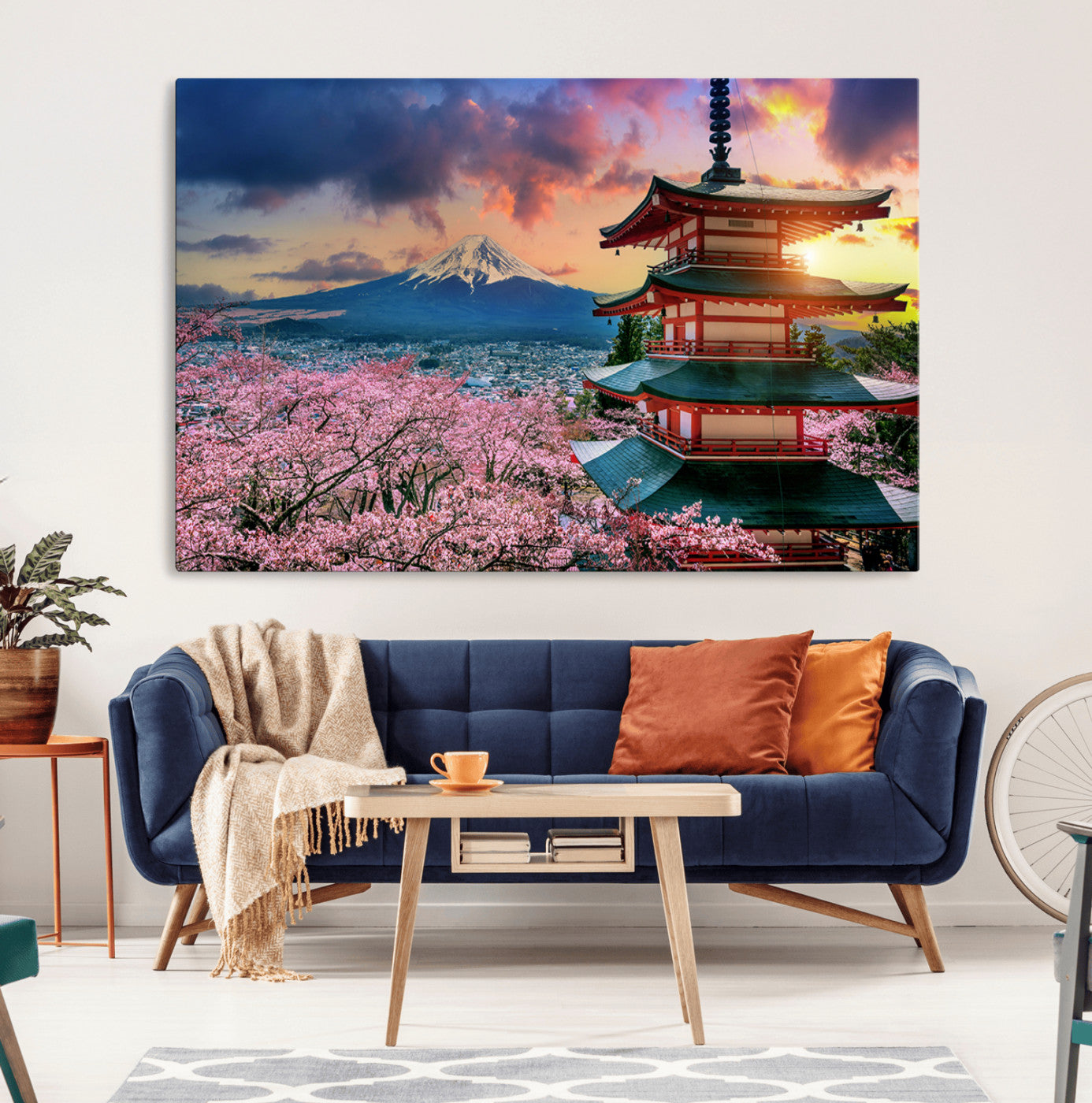 MGV-CV-36X24 - Mount Fuji & Cherry Blossom Wall Art Canvas Print – Iconic Japanese Landscape, Sakura Pagoda Sunset,