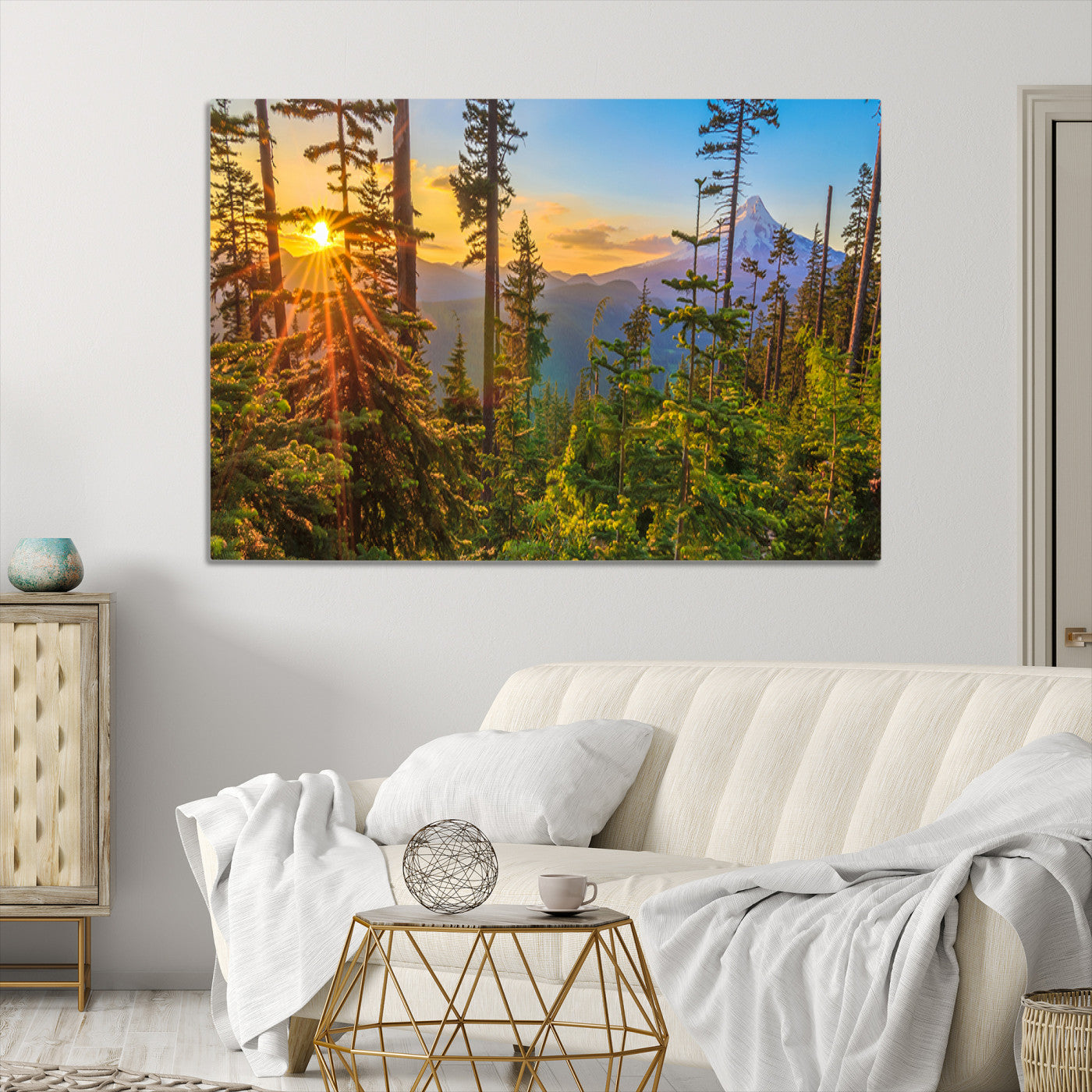 Forest Sunset Wall Art Canvas Print, Framed Sunset Trees Art Picture Print, Green Pines Perfect Rustic Nature Decor