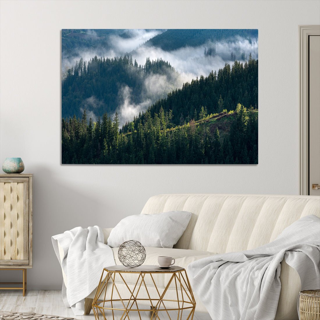 Misty Forest Wall Art Canvas Print | Pine Hills with Foggy Trees