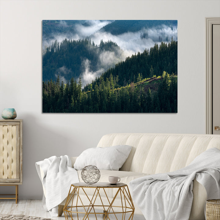 Misty Forest Wall Art Canvas Print, Framed Pine Hills Art Picture Print, Moody Hills Perfect Moody Woodland Decor Artwork