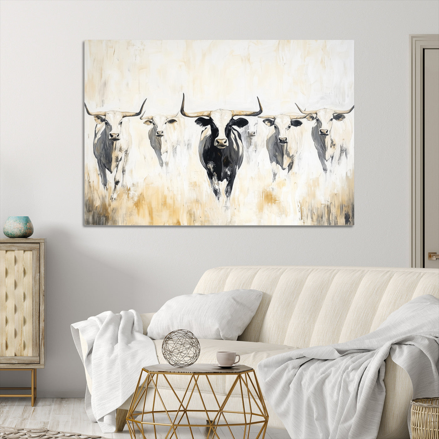 Texas Longhorn Canvas Print, Framed Rustic Herd Art Picture Print, Western Bull Perfect Neutral Western Decor