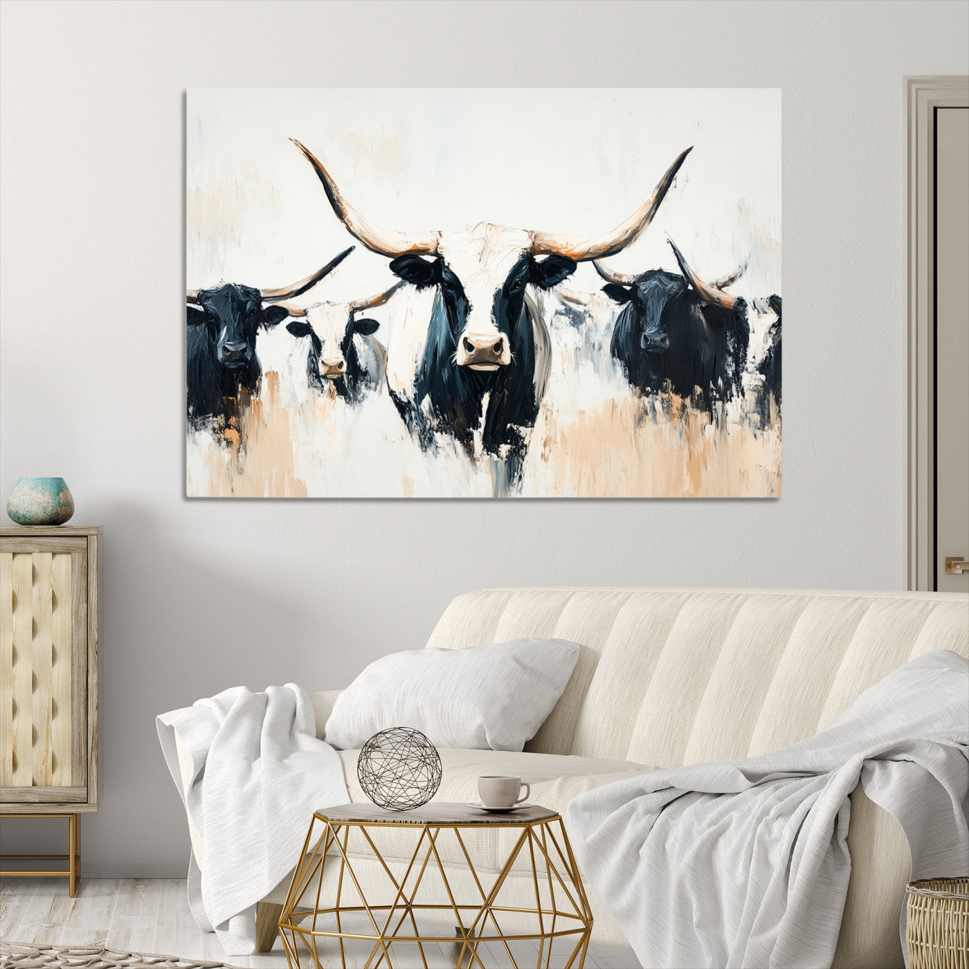 Texas Longhorn Wall Art Canvas Print, Framed Western Cattle Art Picture Print, Horned Bull Perfect Rustic Western Decor, Western Cattle