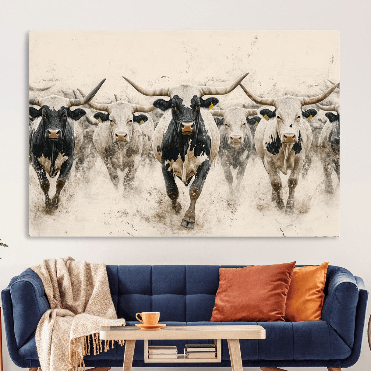 MGV-CV-36X24 - Cream Dust Longhorn Wall Art – Canvas Print of Western Herd Stampede, Dynamic Charge, Rustic Prairie Motion, Bold Nature Farm Decor