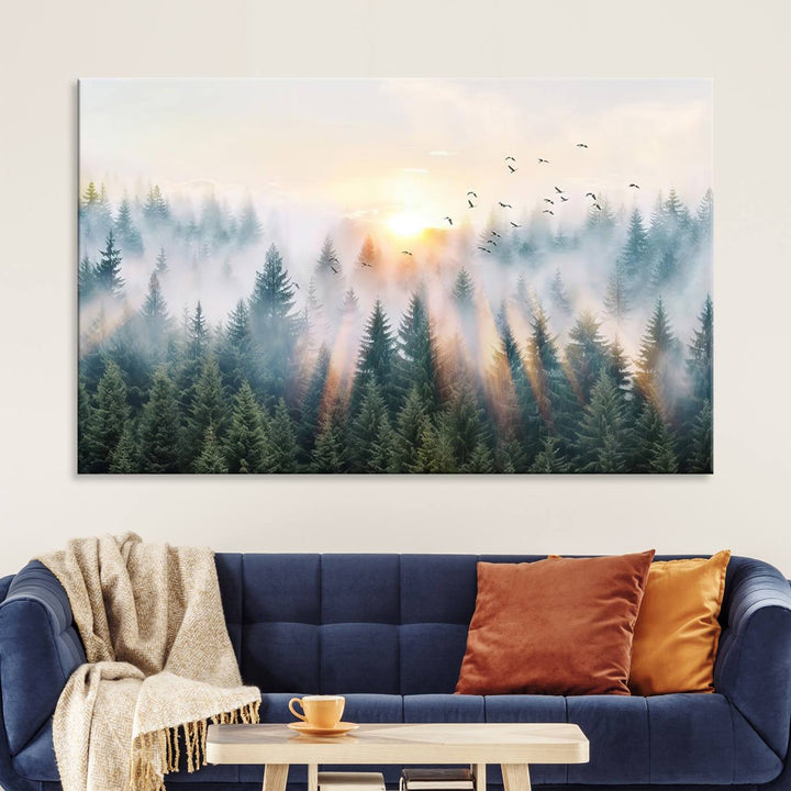 Misty Pine Forest Wall Art: A depiction of sunrise over foggy trees and birds against a bright sky; a framed woodland scene ideal for home or office decor.