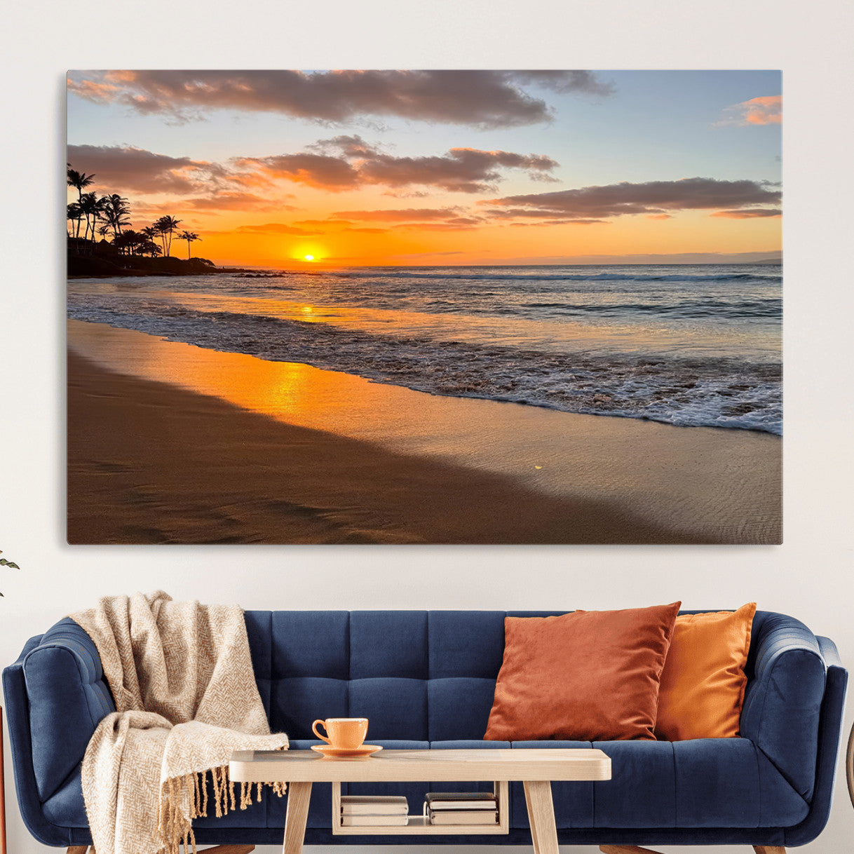 MGV-CV-36X24 - Sunset Glow Wall Art – Canvas Print of Ocean Breeze, Golden Sand, Tropical Palm Silhouettes, Tranquil Waves, Beach Nature Decor for Home