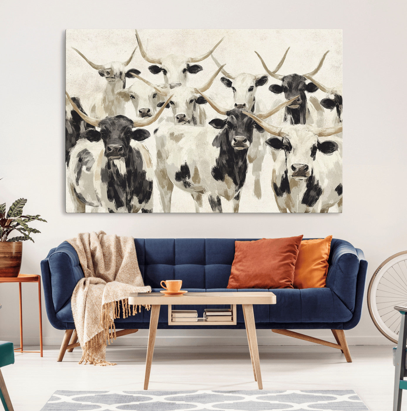 28732868-MGV-CV-36X24-Longhorn Texas Cow Drawing Abstract Wall Art Canvas Print for Farmhouse Decor, Texas Bull Printing