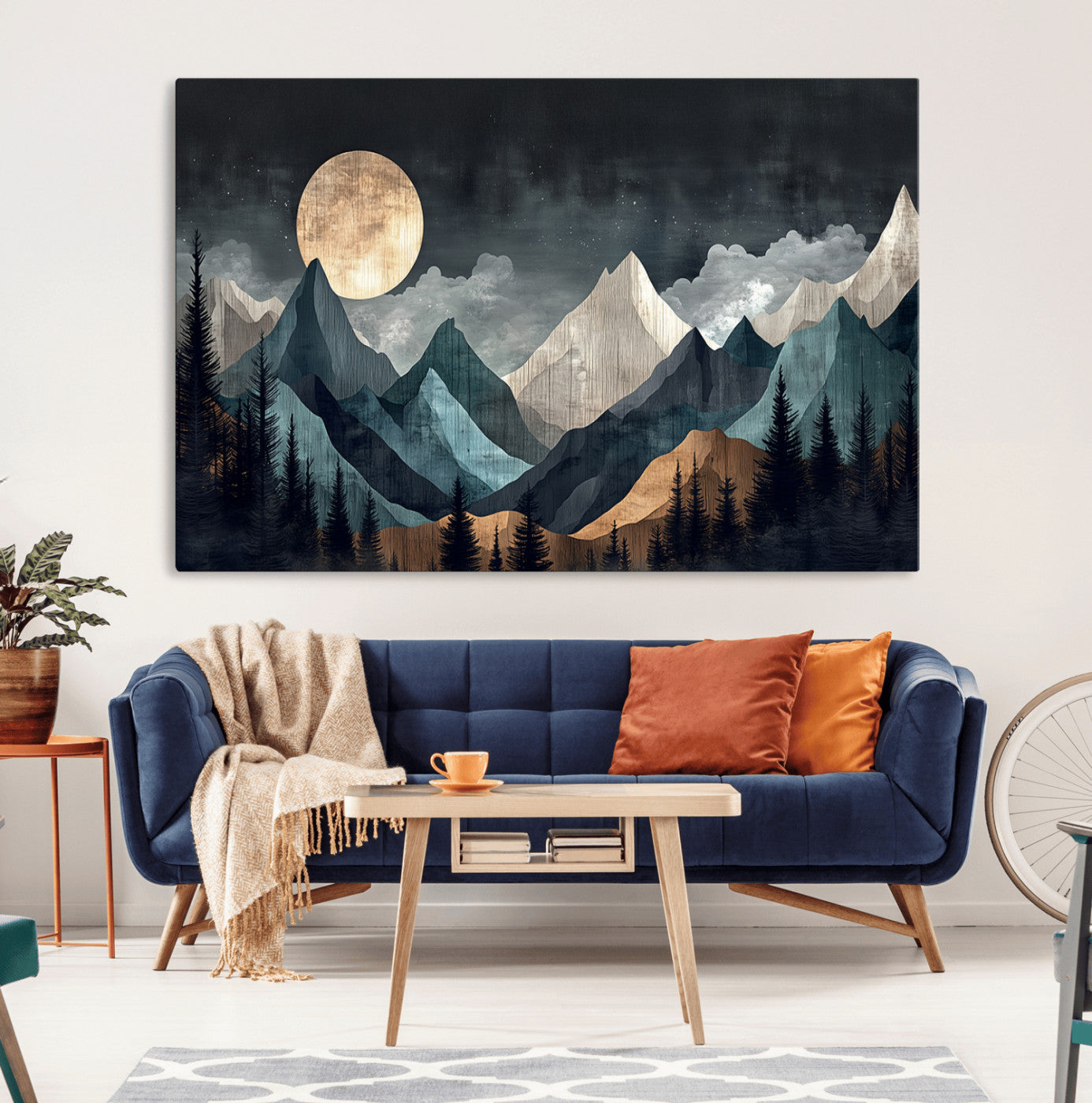 11060882-MGV-CV-36X24-Moonlit Mountain Wall Art Canvas Print – Silhouetted Pines Layered Peaks Tranquil Sky Mist Silver Light Nature Artwork for Home