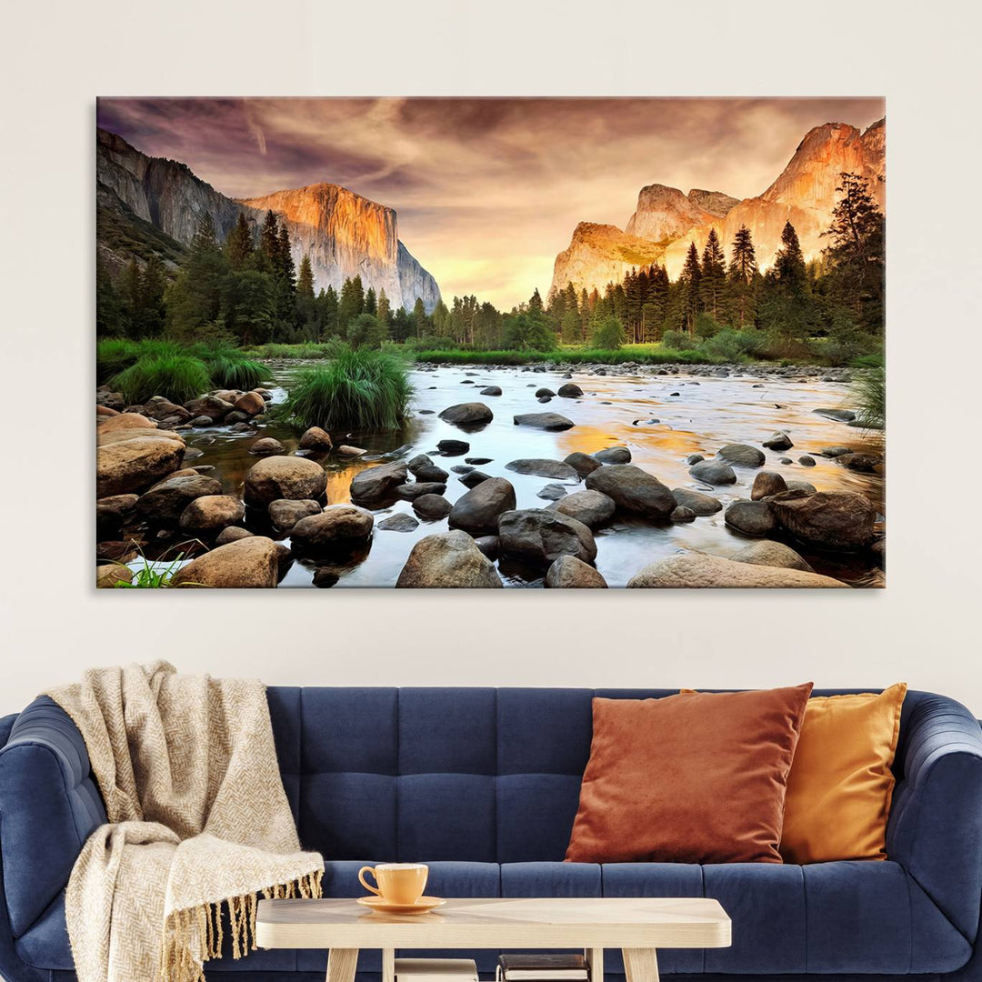 A tranquil riverside sunset mirrors the beauty of a Yosemite wall art masterpiece like the Large El Capitan Print.