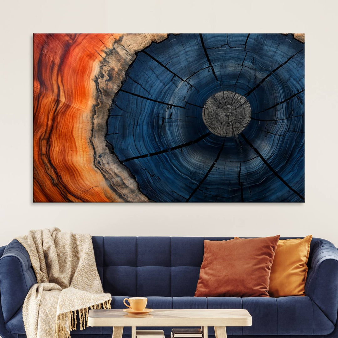 Abstract Tree Rings Canvas Print with vibrant colors—ideal farmhouse wall art for a woodland-themed home.