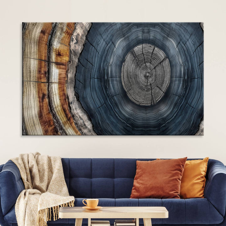 Close-up of the Abstract Tree Rings Wall Art Print featuring shades of blue, brown, and gray.