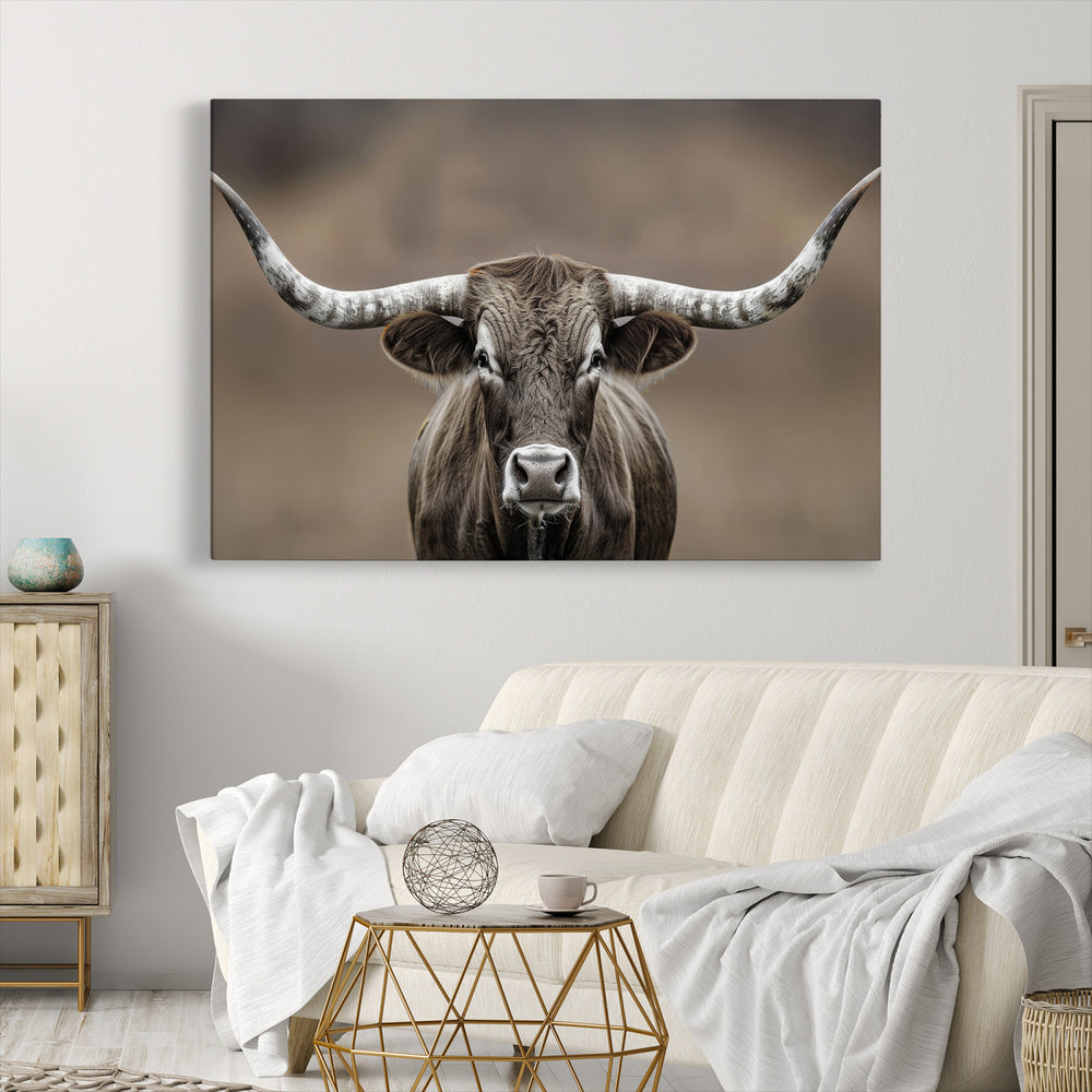 The Framed Texas Longhorn Bull Art Canvas Print adds timeless elegance to the serene setting.