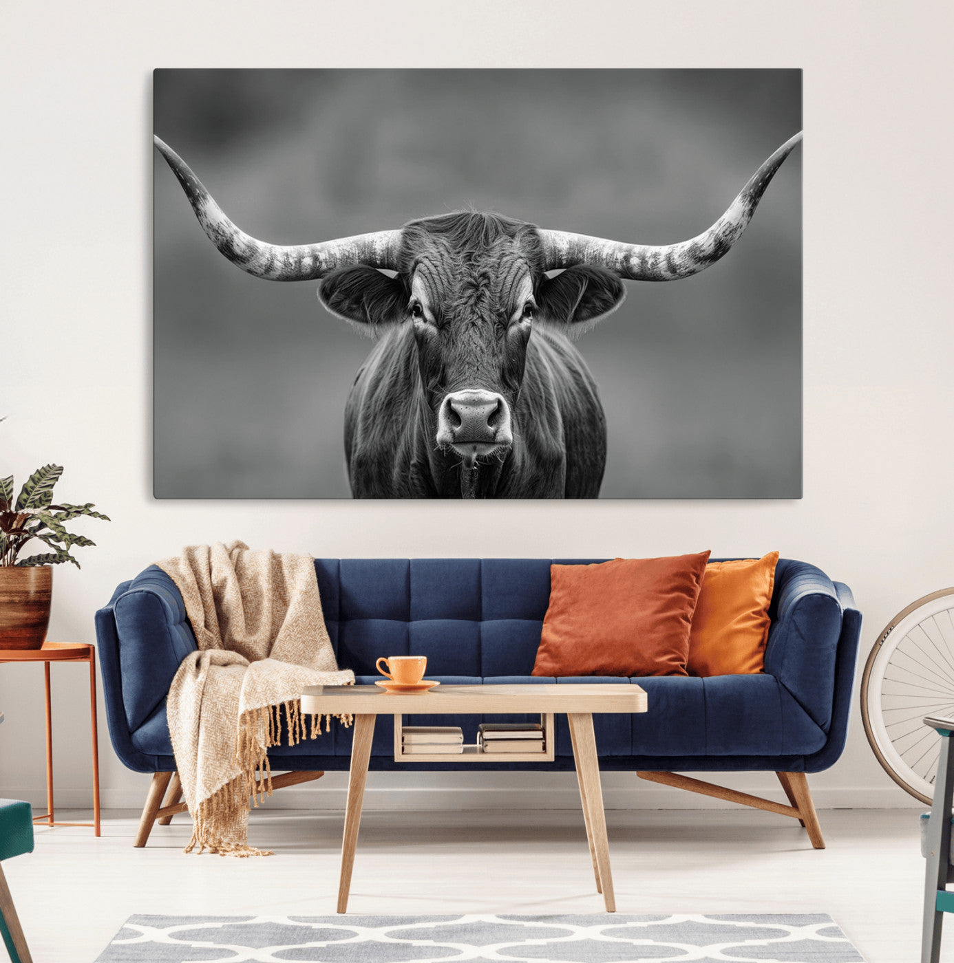MGV-CV-36X24 - Framed Texas Longhorn Bull Art Canvas Print, Western Bull Wall Art Print, Long Horn Bull Photo Print
