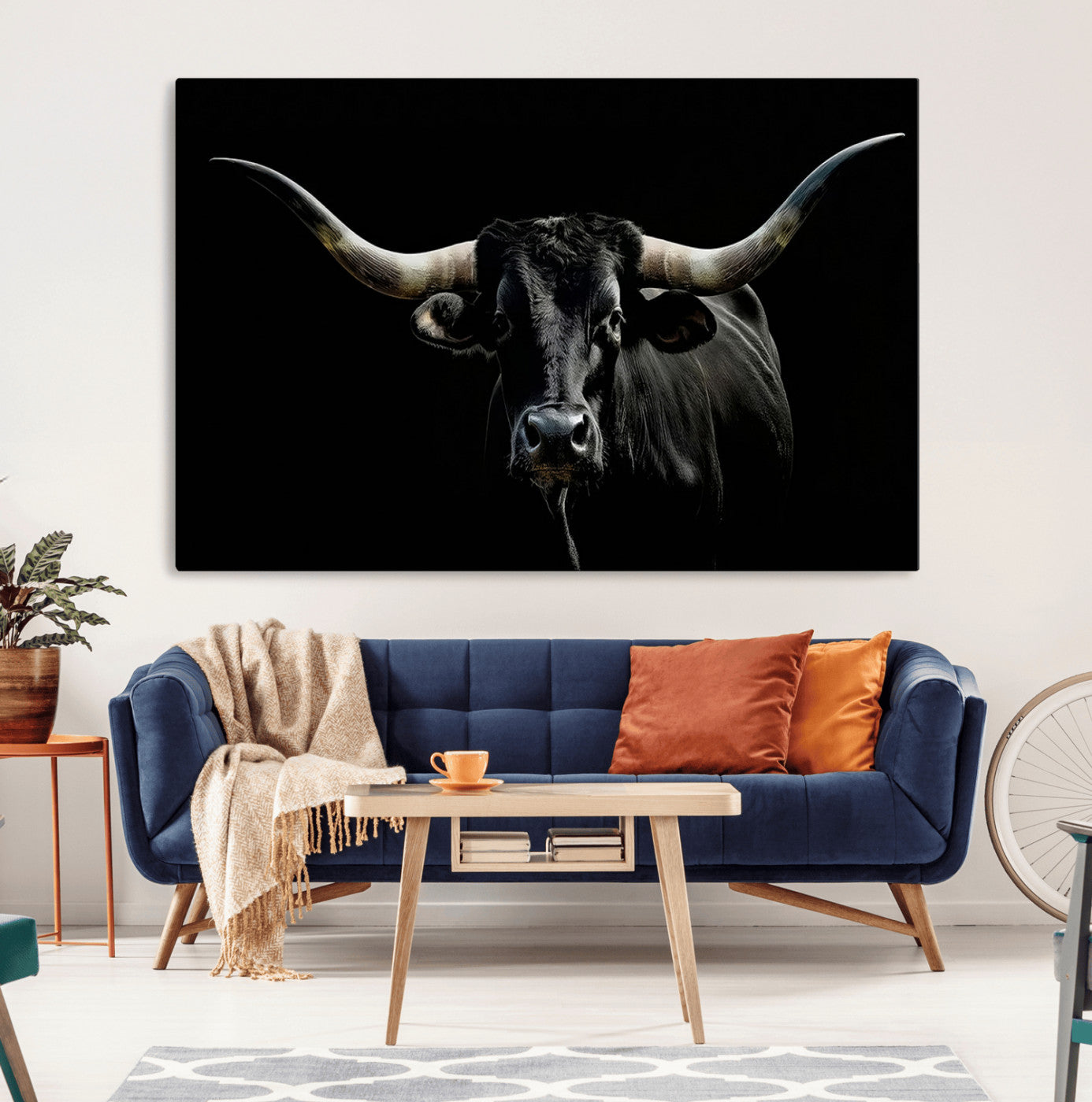 MGV-CV-36X24 - Texas Black Bull Wall Art Print, Longhorn Bull Canvas Wall Art