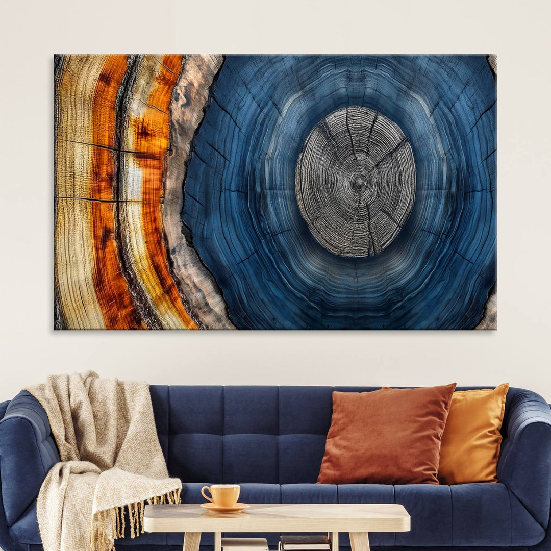 Vibrant Abstract Tree Rings in Orange, Brown, and Blue - Canvas Print for Nature Woodland Wall Decor.