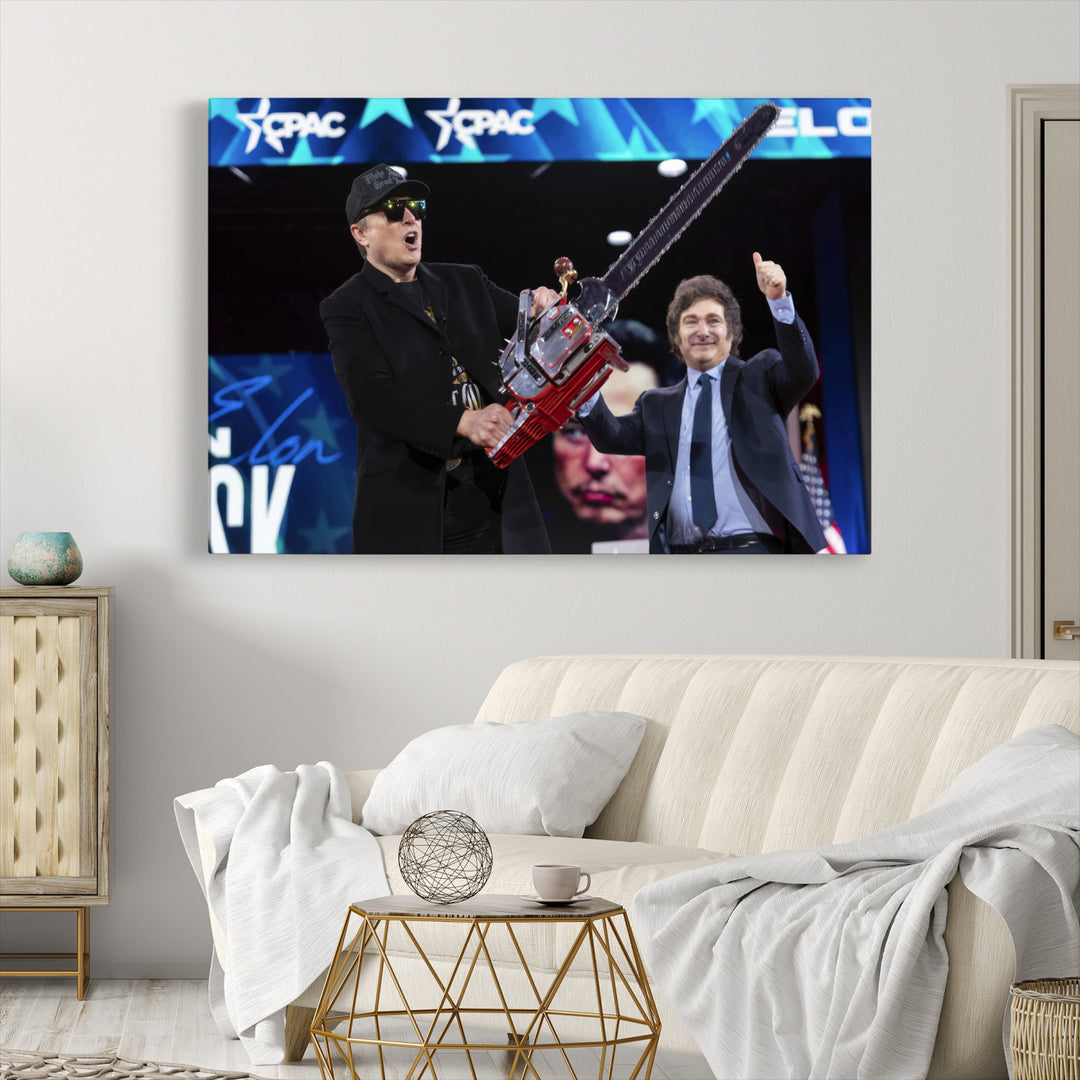 The wall art in the living room is an Elon Musk Chainsaw Art Print, depicting two men with chainsaws on stage in front of a vibrant crowd.