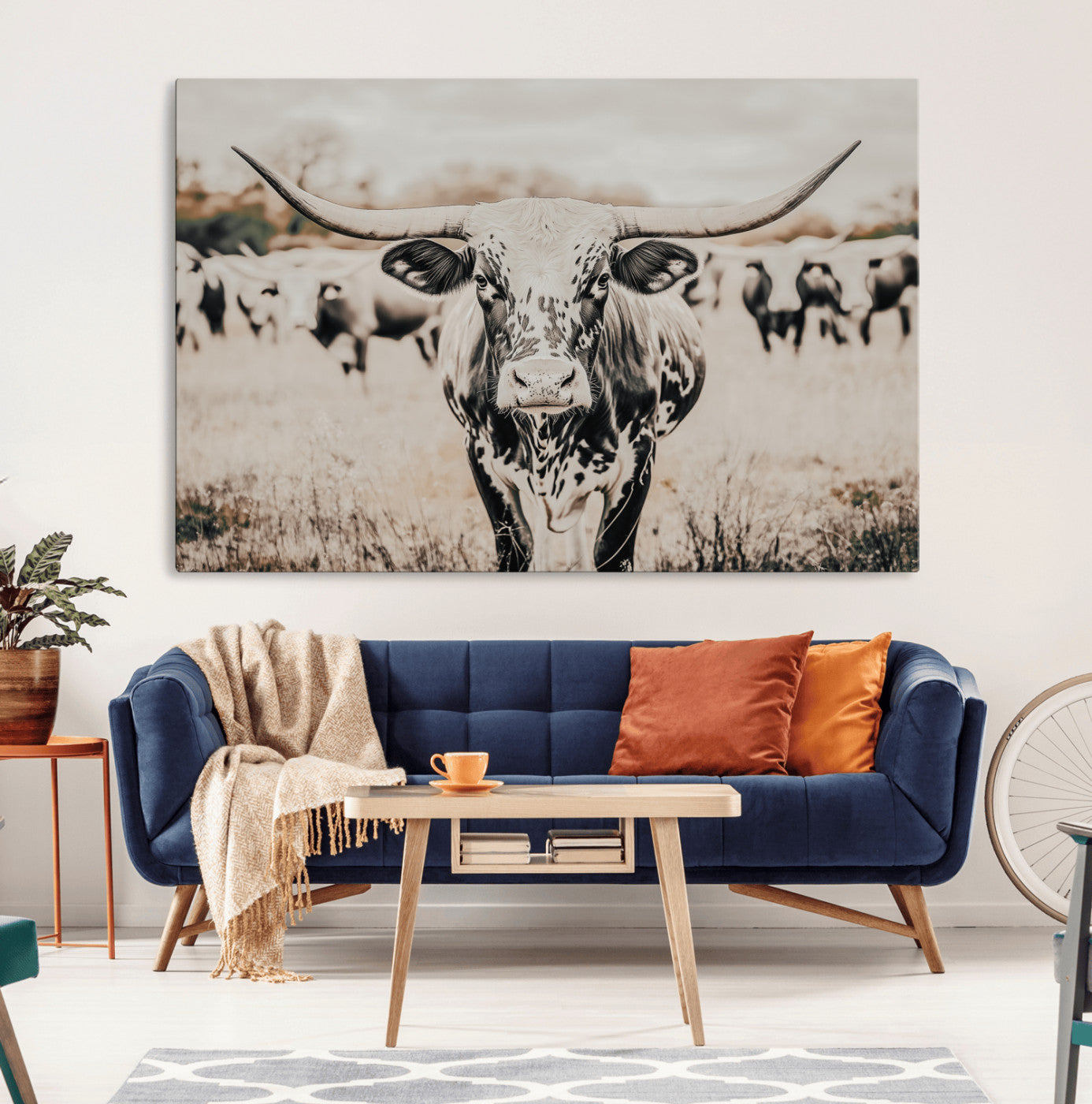 MGV-CV-36X24 - Texas Longhorn Wall Art Canvas Print, Framed Speckled Cow Art Picture Print, Horned Cattle Perfect Rustic Western Decor Artwork