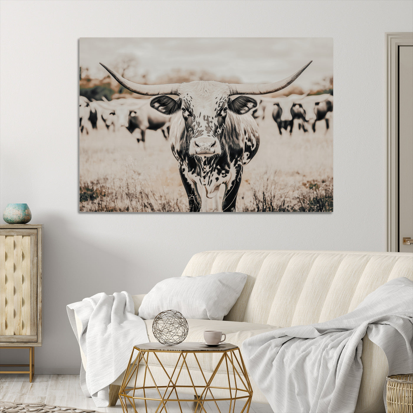 Texas Longhorn Wall Art Canvas Print, Framed Speckled Cow Art Picture Print, Horned Cattle Perfect Rustic Western Decor Artwork