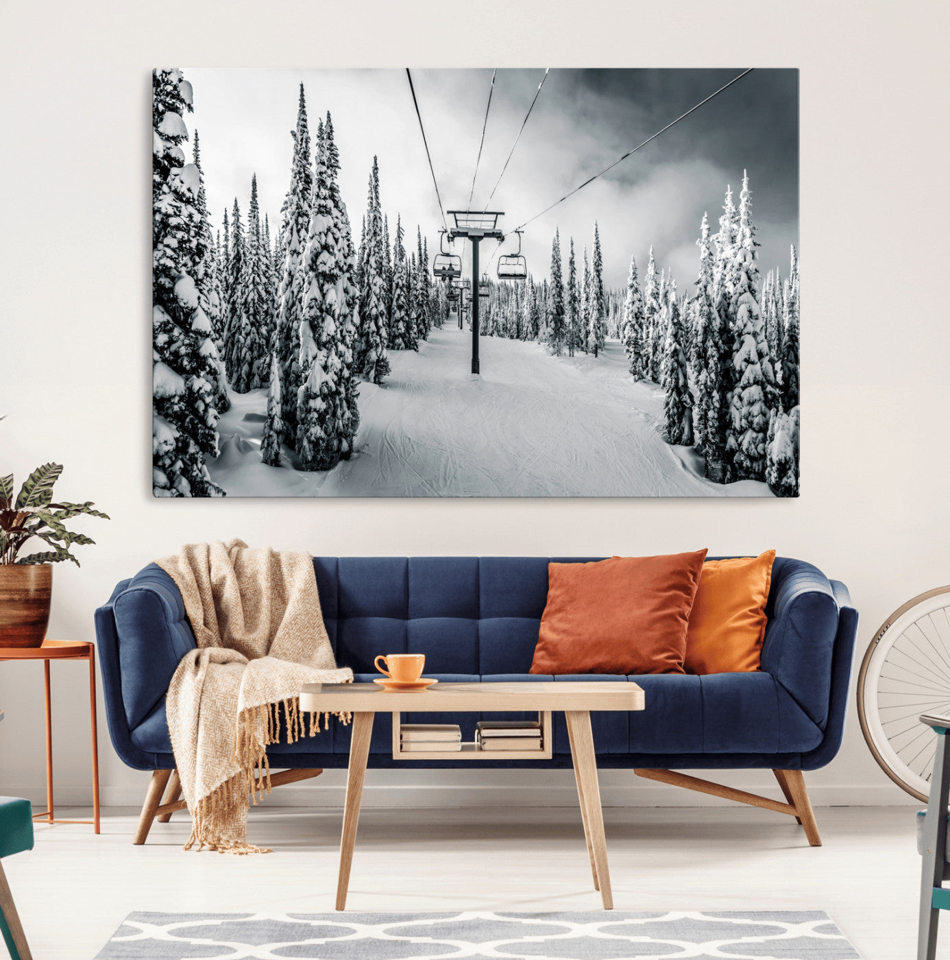 MGV-CV-36X24 - Snowy Pines Wall Art Canvas Print, Framed Ski Lift Art Picture Print, Winter Forest Perfect Moody Lodge Decor Artwork