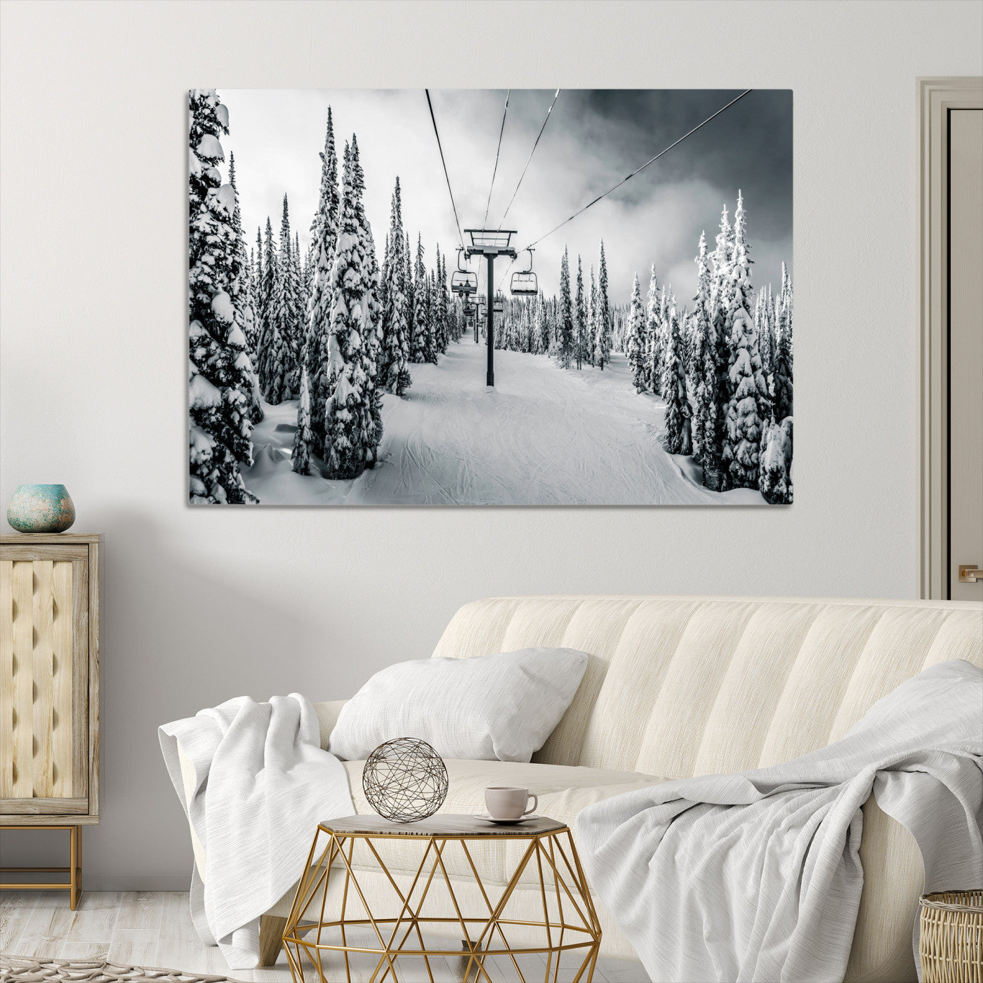 Snowy Pines Wall Art Canvas Print, Framed Ski Lift Art Picture Print, Winter Forest Perfect Moody Lodge Decor, Ski Lift Wall Art Canvas